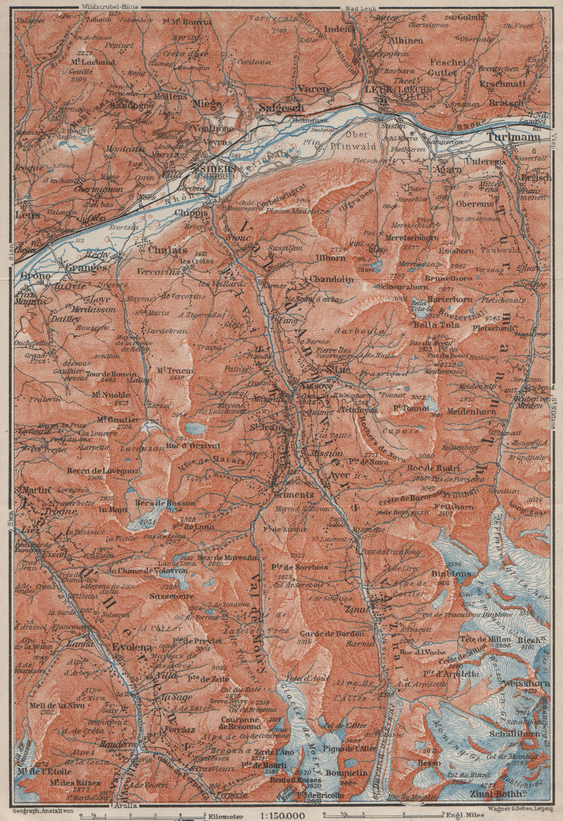 SIERRE & VAL D'ANNIVIERS. Crans-Montana Grimentz Leukle Weisshorn 1909 old map